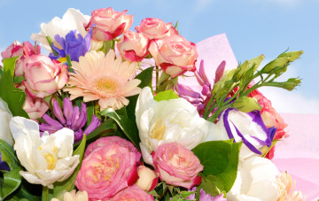 Картинка цветы букеты +композиции эустома гербера тюльпаны розы