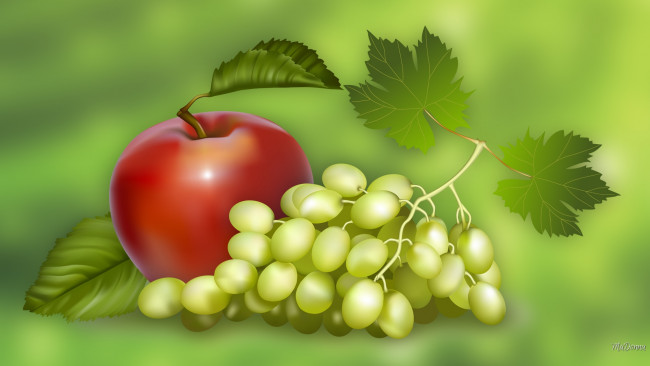 Обои картинки фото векторная графика, еда, яблоко, виноград, фон