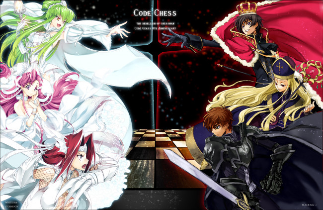 Обои картинки фото аниме, code geass, парни, код, гиас, девушки, оружие, меч, персонажи