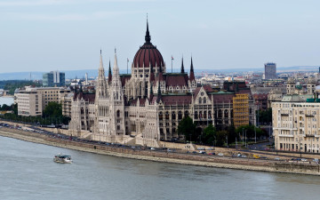обоя города, - панорамы, parliament, budapest, венгрия, дворец, набережная, река