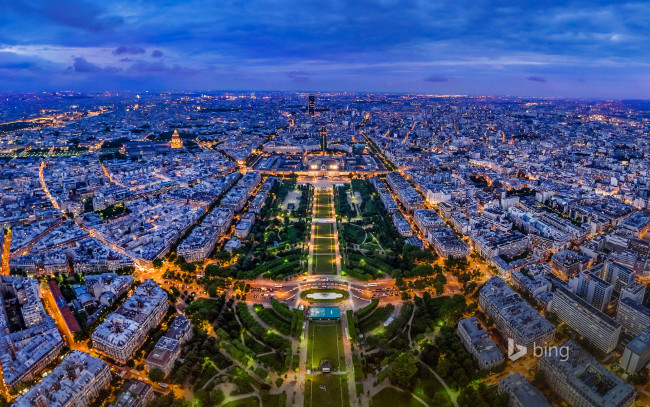 Обои картинки фото города, париж , франция, панорама, париж, вид, с, эйфелевой, башни, огни, ночь