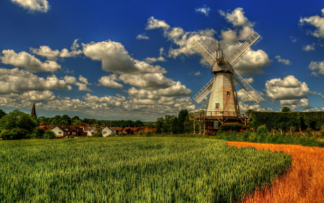 Обои картинки фото разное, мельницы, lower, mill, вудчерч, облака, поле, kent, england, woodchurch, англия, кент, деревня, мельница