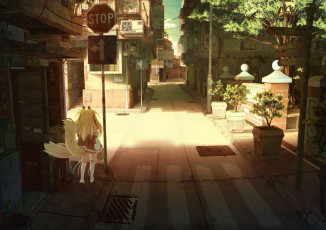 Картинка аниме город +улицы +здания девочка