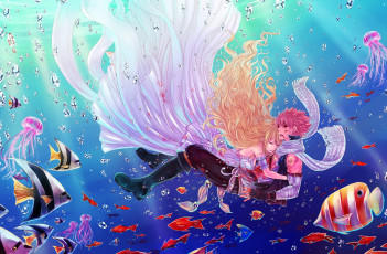 Картинка аниме fairy+tail lucy heartfilia natsu dragneel fairy tail art anime под водой парень девушка раны рыбы вода