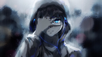 Картинка аниме музыка слезы люди дождь парень наушники арт raku aohane