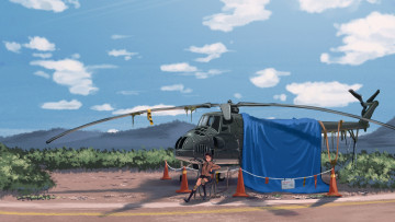 Картинка аниме оружие +техника +технологии девушка развалина вертолёт