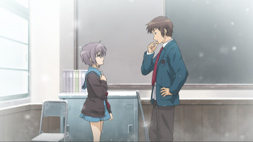 Картинка аниме the+melancholy+of+haruhi+suzumiya девушка взгляд фон парень