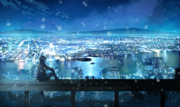 Картинка аниме город +улицы +здания небо облака арт donsaid dias mardianto парень ночь огни пейзаж звезды