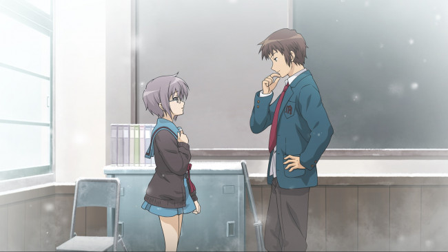 Обои картинки фото аниме, the melancholy of haruhi suzumiya, девушка, взгляд, фон, парень