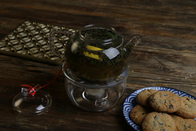 Обои картинки фото еда, напитки,  Чай, чай, печенье, зеленый, чайник
