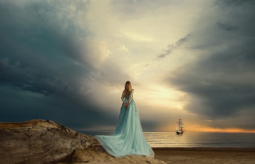 Картинка девушки -unsort+ блондинки +светловолосые настроение парусник море ренат хисматулин небо платье девушка закат