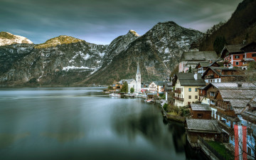 Картинка города гальштат+ австрия отражение озеро горы
