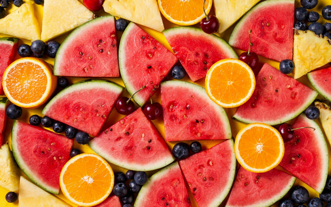 Обои картинки фото еда, фрукты,  ягоды, арбуз, черника, вишня, ананас, апельсин