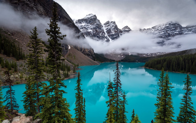 Обои картинки фото природа, реки, озера, туман, отражение, озеро, горы