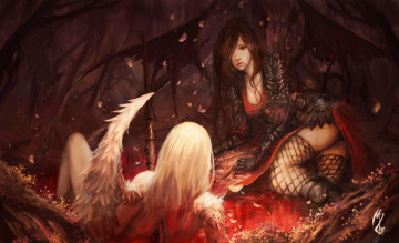 Картинка фэнтези ангелы девушки ангел демон раны кровь