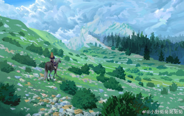 Картинка рисованное люди всадница горы