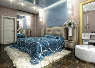 Картинка интерьер спальня светильники ваза кровать одеяло букет