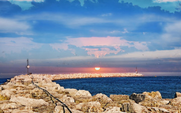 Картинка природа побережье море закат мол
