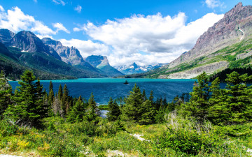 Картинка saint mary lake glacier national park природа реки озера озеро горы ели пейзаж