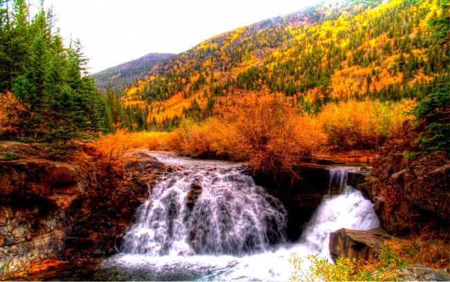 Обои картинки фото dual, waterfalls, природа, водопады, река, осень, водопад, лес