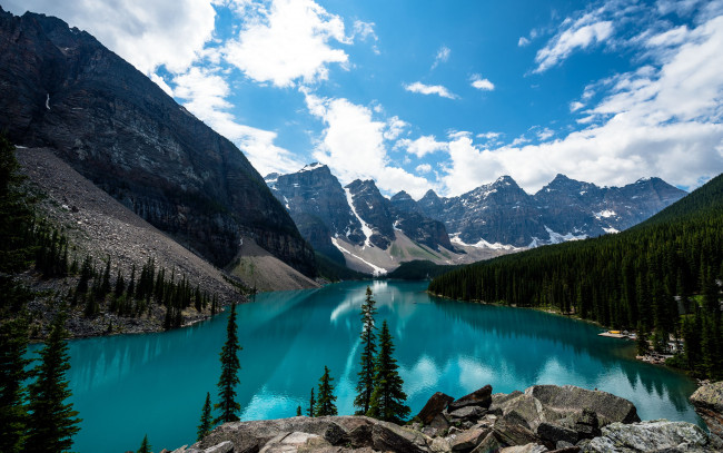 Обои картинки фото природа, реки, озера, озеро, канада, canada, пейзаж, лес, moraine, lake, the, banff, national, park, деревья, горы