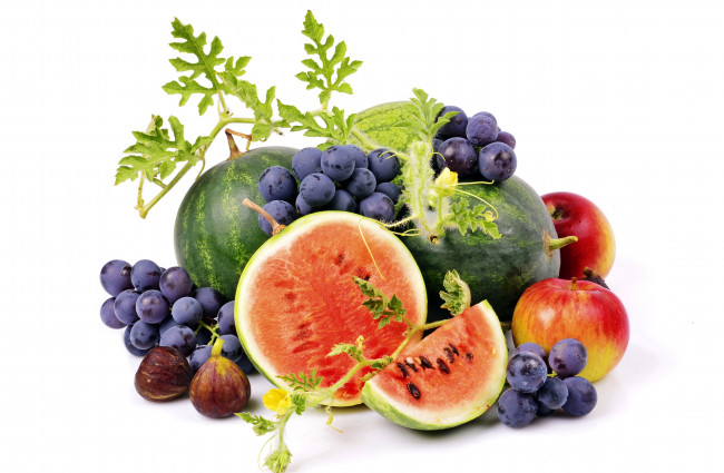 Обои картинки фото еда, фрукты, ягоды, арбуз, виноград, яблоки, инжир