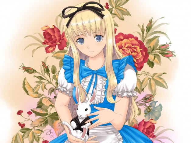 Обои картинки фото аниме, alice, in, wonderland, игрушка, девушка, цветы