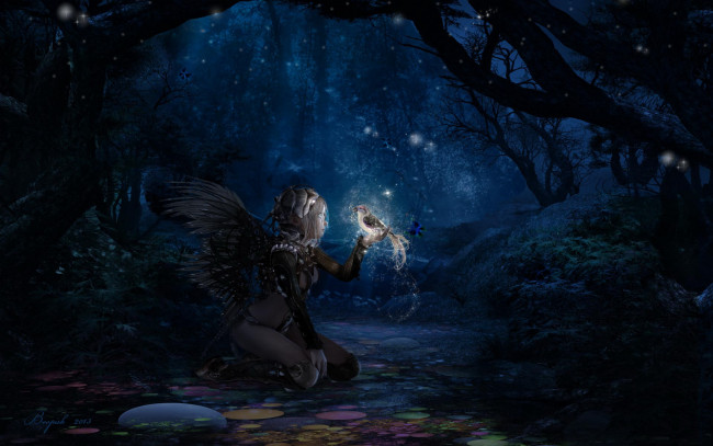 Обои картинки фото фэнтези, ангелы, птичка, ангел, лес