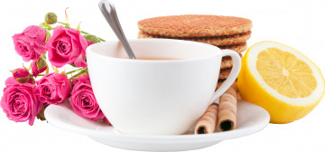 Картинка еда кофе +кофейные+зёрна лимон чашка розы печенье