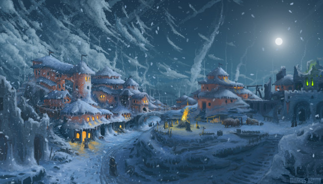 Обои картинки фото рисованные, города, окошки, дома, снег, сугробы, луна, свет, дорога, ночь, холод