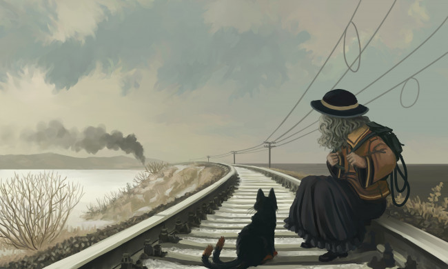 Обои картинки фото рисованные, люди, поезд, кошка, взгляд, девушка