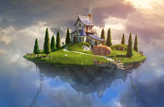 Обои картинки фото 3д графика, фантазия , fantasy, небо, облака, лодка, пейзаж, трава, деревья, цепи, дом