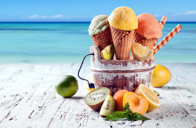 Обои картинки фото еда, мороженое,  десерты, киви, мята, апельсин