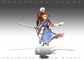 Картинка аниме fate stay+night archer saber арт арчер сабер парень оружие меч клинок девушка
