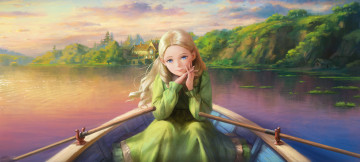 Картинка рисованное дети лес берег река лодка девочка дом взгляд