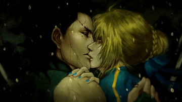 Картинка аниме fate zero арт судьба начало сабер лансер поцелуй романтика любовь