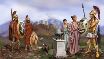 Картинка рисованное живопись горы пантеон воины корова фон взгляд девушки римляне ребенок