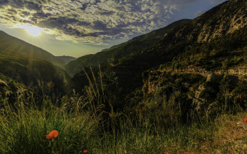 Картинка природа восходы закаты provence alpes france лучи солнца прованс франция альпы ущелье скалы горы облака маки трава