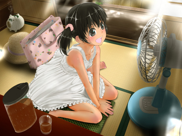 Обои картинки фото аниме, unknown,  другое, стакан, вентилятор, девочка, сок, higashi, tarou, арт