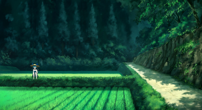 Обои картинки фото аниме, touhou, девочка, арт, sasajqazwsx, cirno, поле, шляпа, сачок, деревья, лес