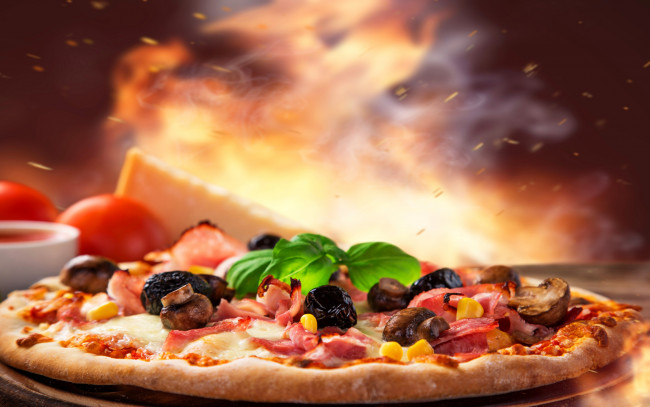 Обои картинки фото еда, пицца, сыр, pizza, ham, mushrooms, выпечка, грибы, ветчина