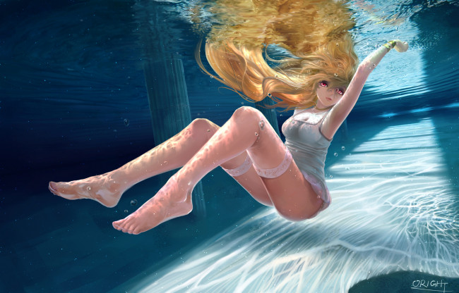 Обои картинки фото аниме, unknown,  другое, девушка, пузырьки, вода, бассейн, арт, oright