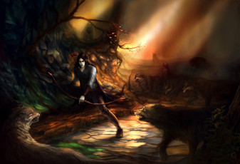 Картинка фэнтези люди мужчина лучник волки атака