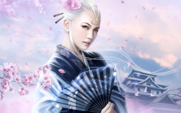Картинка рисованное люди веер кимоно дом фон взгляд девушка