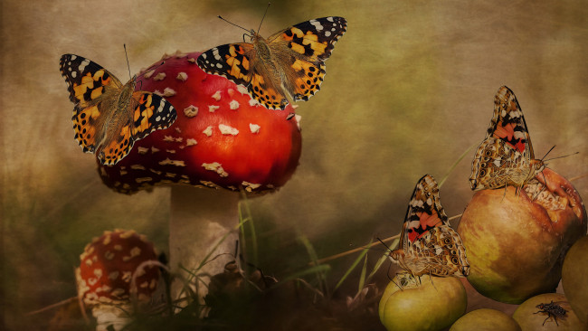 Обои картинки фото разное, компьютерный дизайн, мухоморы, грибы, бабочки