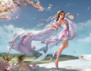 Картинка фэнтези девушки весна фентези сакура девушка настроение веер