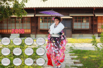 обоя календари, девушки, дорога, здание, растения, зонт, кимоно, азиатка