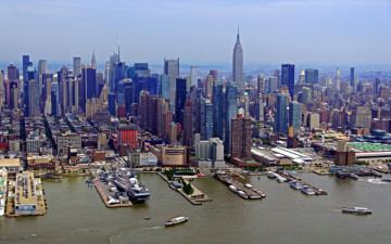 обоя города, нью-йорк , сша, море, причалы, суда, панорама, город