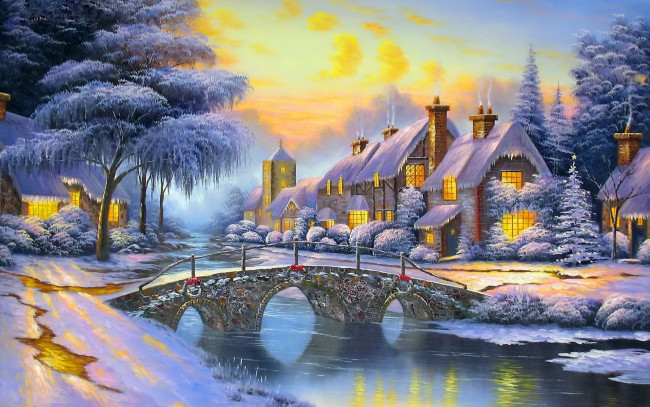 Обои картинки фото рисованное, города, река, мост, снег, небо, зима, alexander, kalinin, вечер, дома, улица