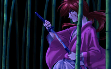 обоя аниме, rurouni kenshin, парень, самурай, меч, шрам, бамбук